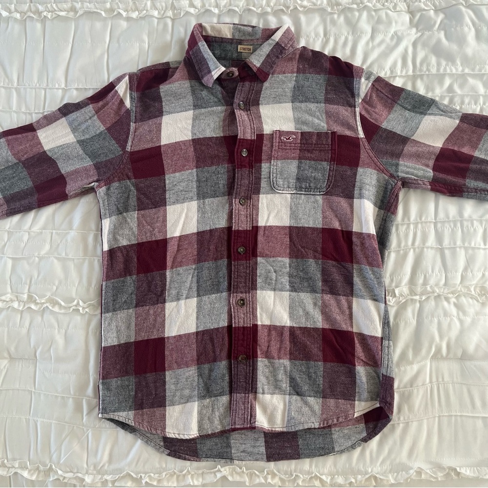 hollister burgundy, gray, and white plaid flannel